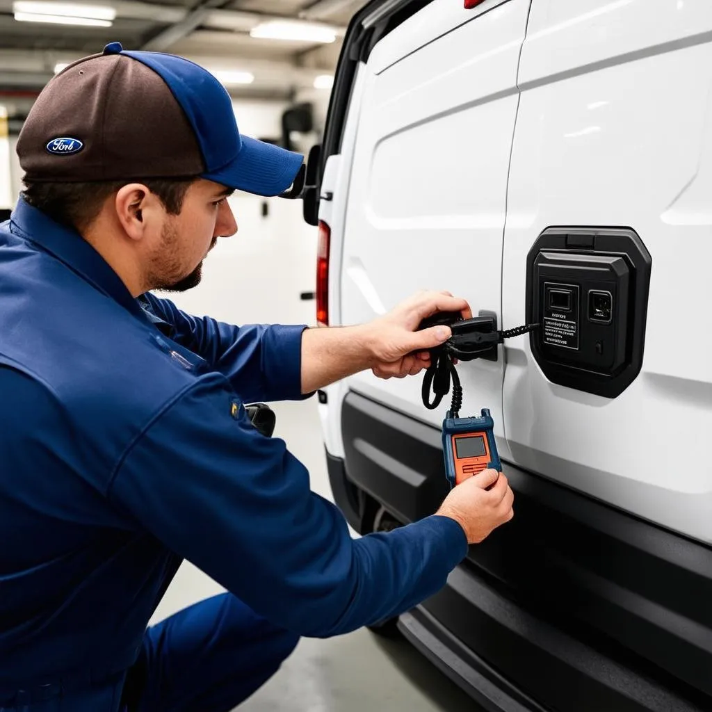 Mechanic using a diagnostic scanner