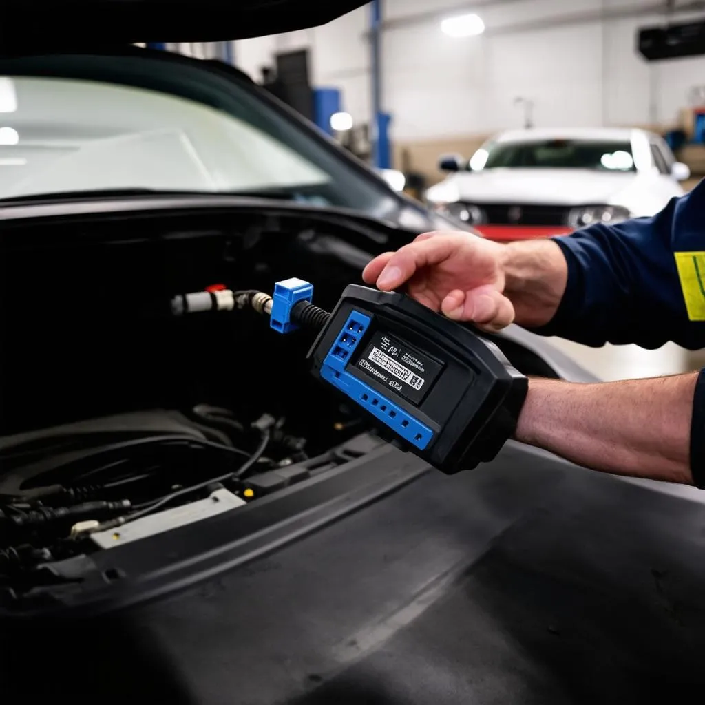 Mechanic connecting a diagnostic tool to a Delphi OBD connector