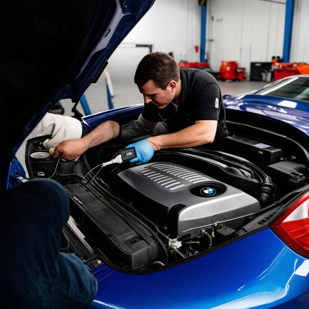 Mechanic plugging diagnostic tool into BMW Z4