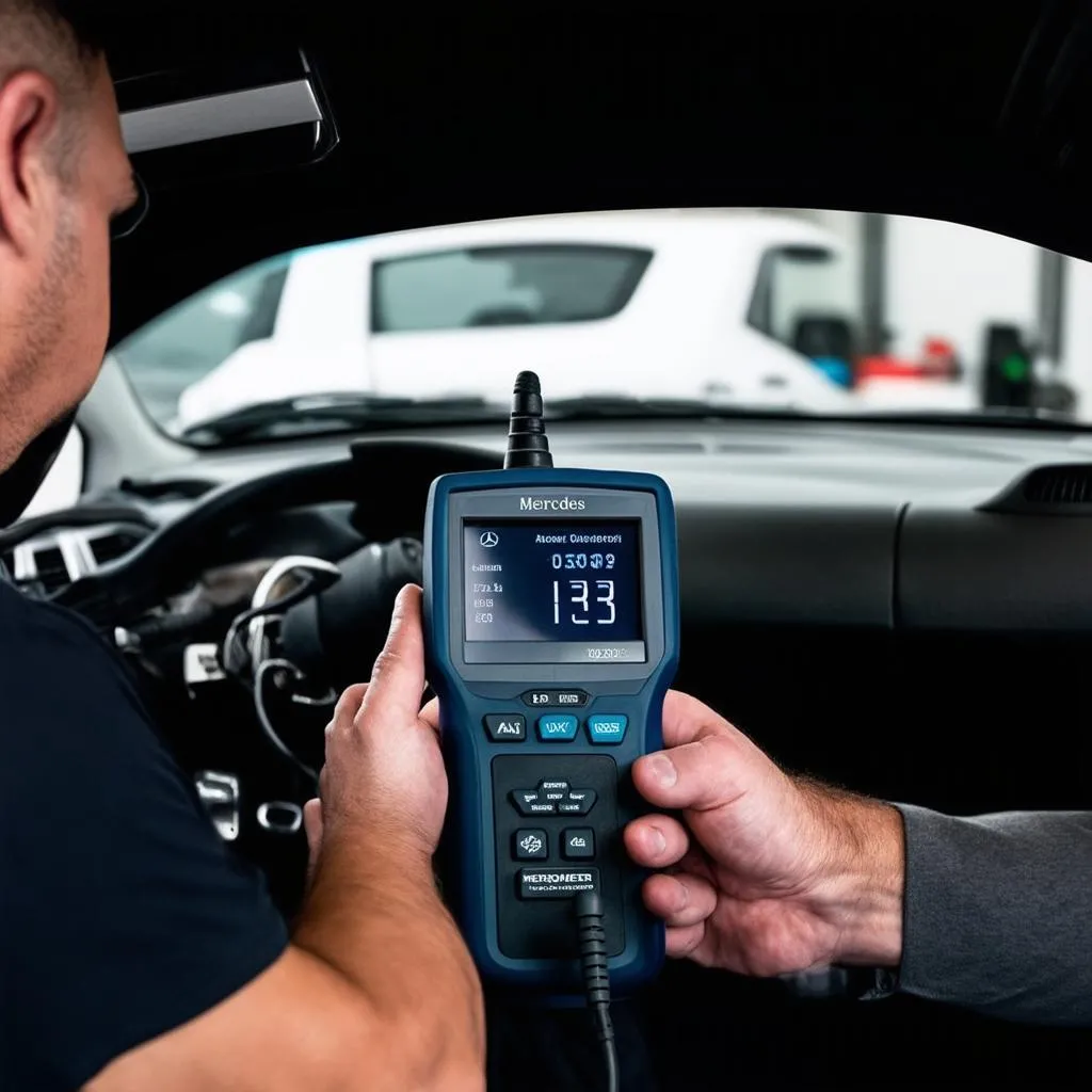 Mechanic Using Diagnostic Tool on Mercedes