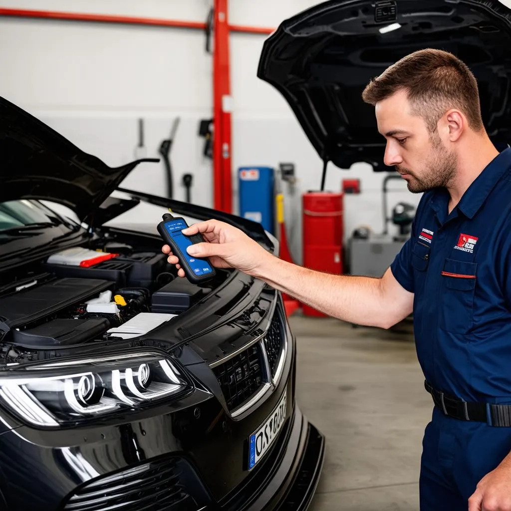 Mechanic Diagnosing Car with OBD Scanner