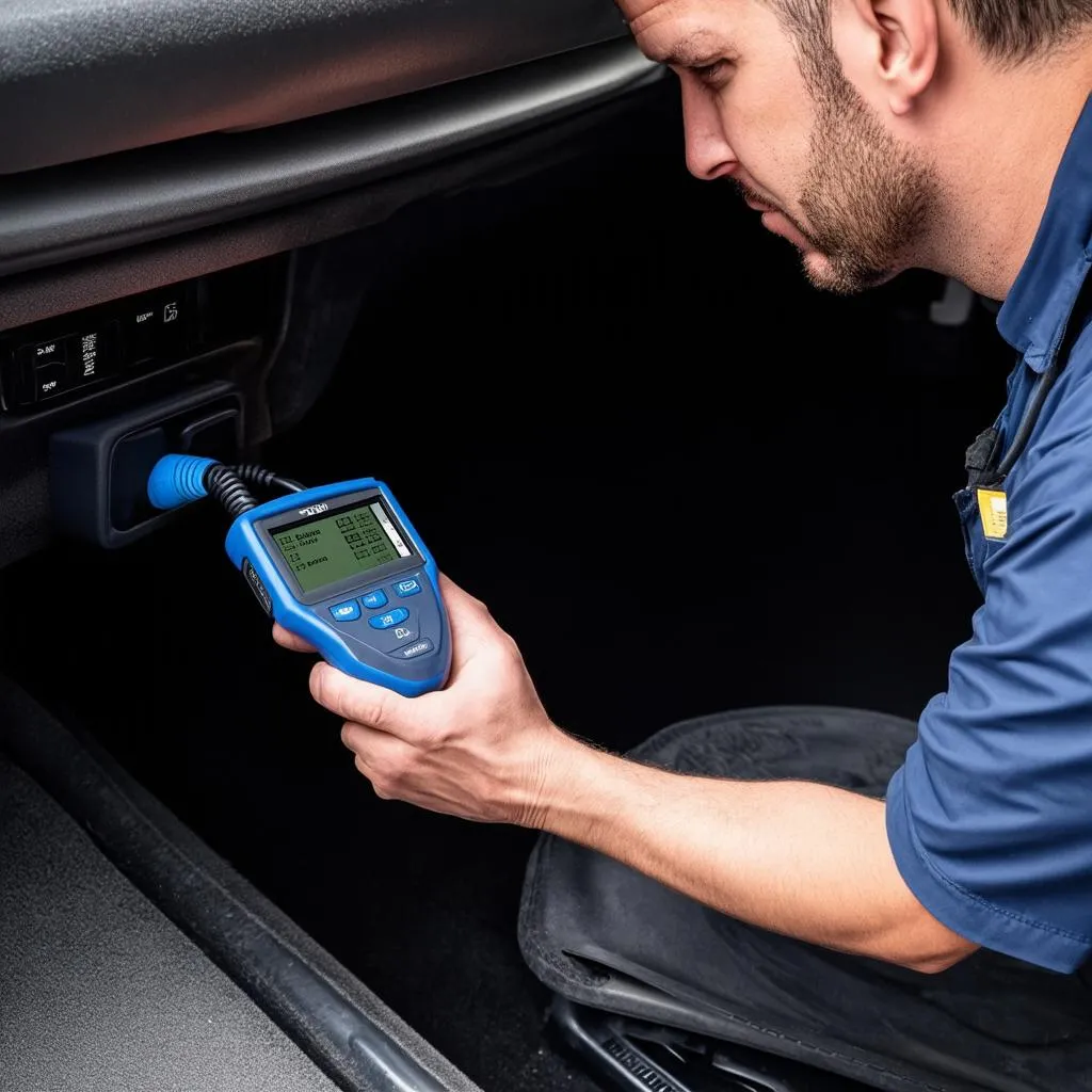 Mechanic Diagnosing a Car with an OBD Scanner