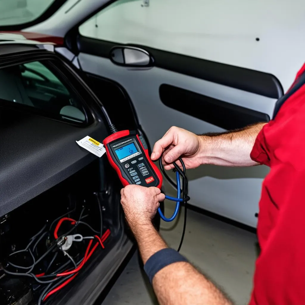 Mechanic using obd scanner on citroen c4 picasso