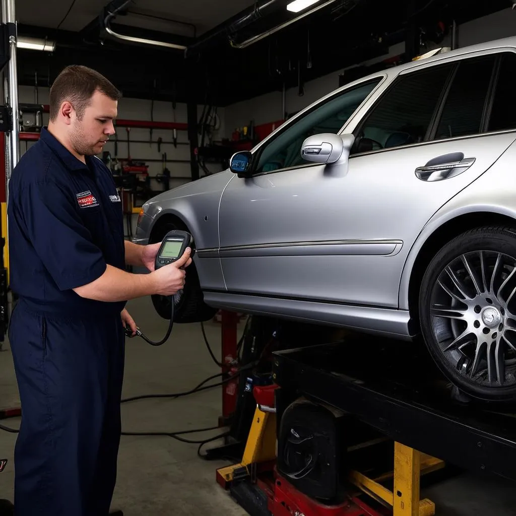 Mechanic Diagnosing Mercedes with OBD Scanner