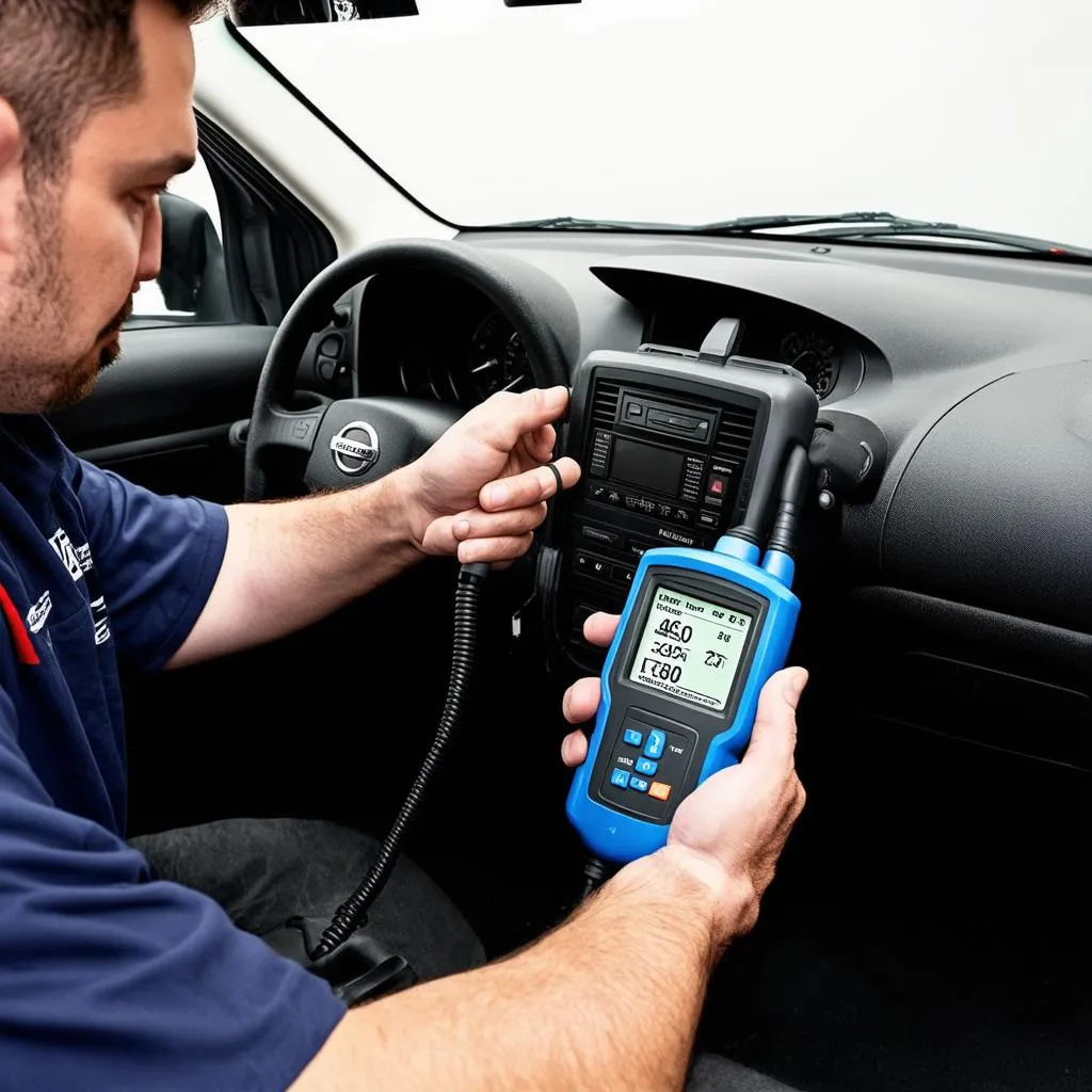 Mechanic using an OBD scanner on a 2005 Nissan Sentra