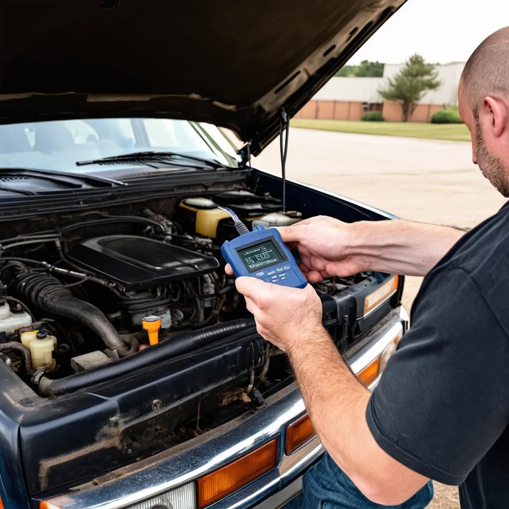 Mechanic using scan tool on 1990s Chevy truck