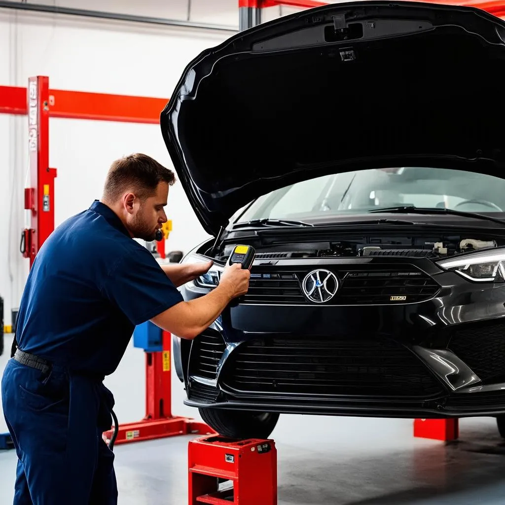 Mechanic using a diagnostic scanner