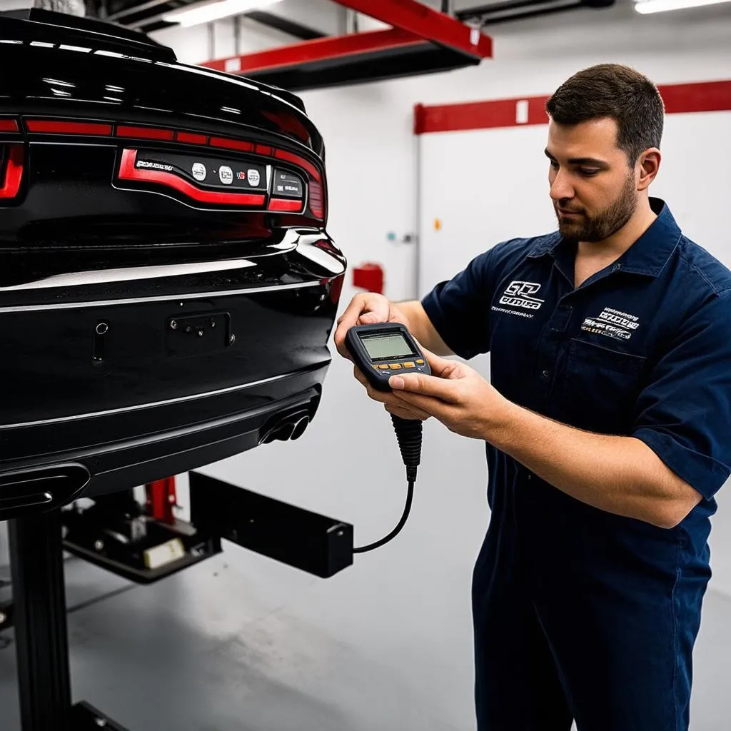 Mechanic Using OBD Scanner on 2018 Dodge Charger