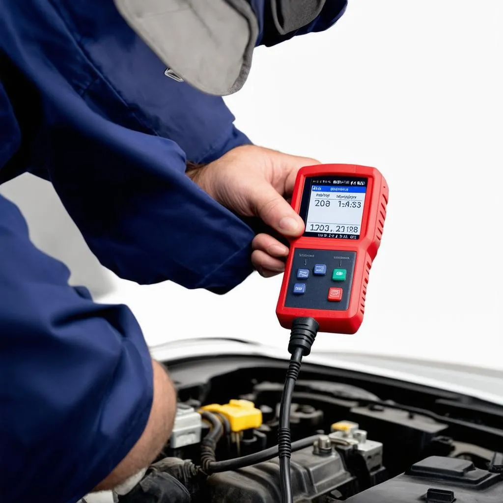 Car mechanic using a diagnostic scanner on a car