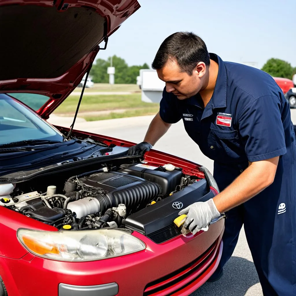 Mechanic inspecting the engine bay of a 2002 Toyota Camry.