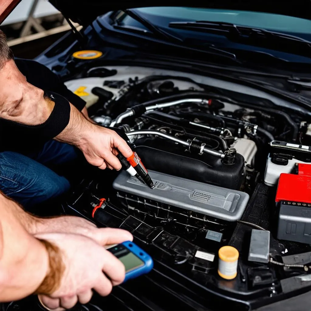 Mechanic diagnosing engine issues