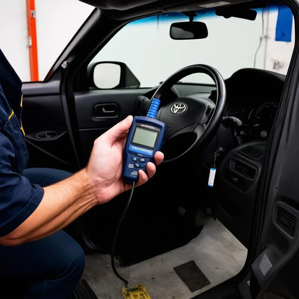 Mechanic connecting an OBD2 scanner to the OBD port of a 2004 Toyota RAV4