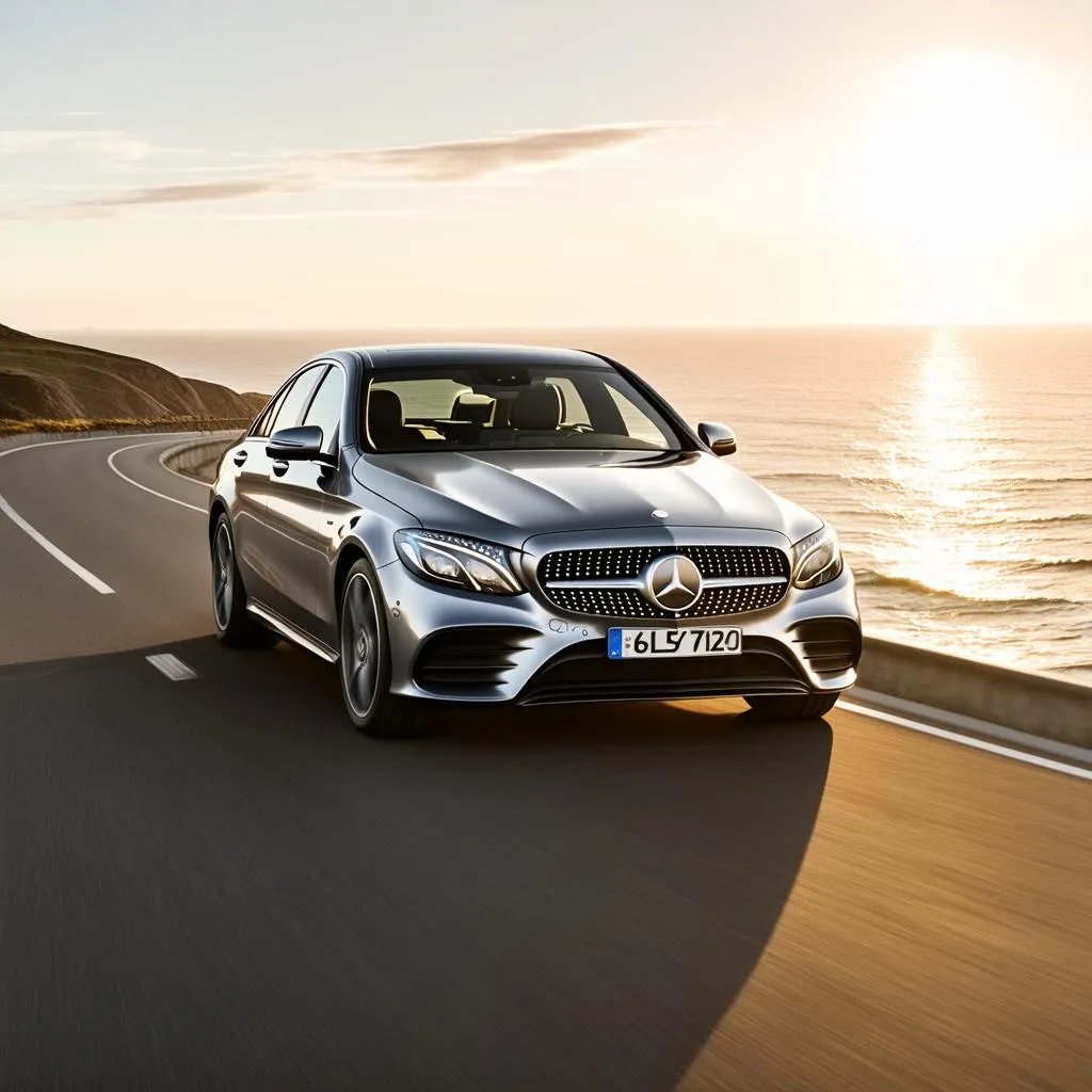 A silver Mercedes-Benz sedan driving down a scenic coastal road