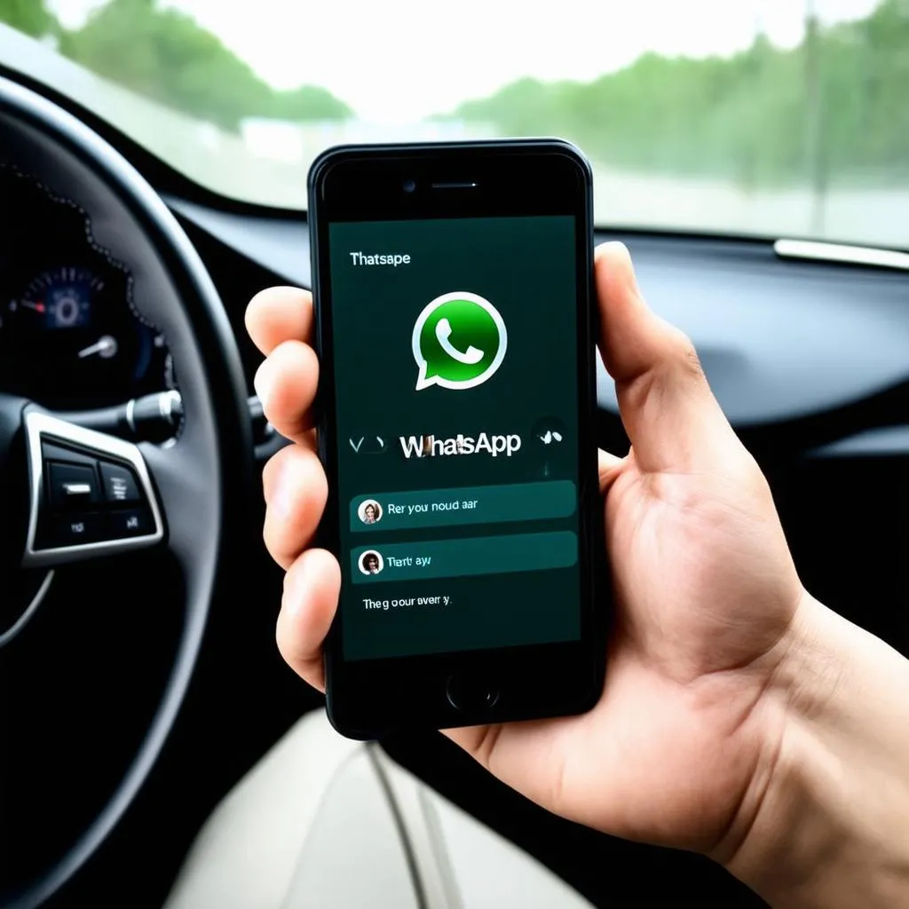 A hand holding a smartphone with WhatsApp open