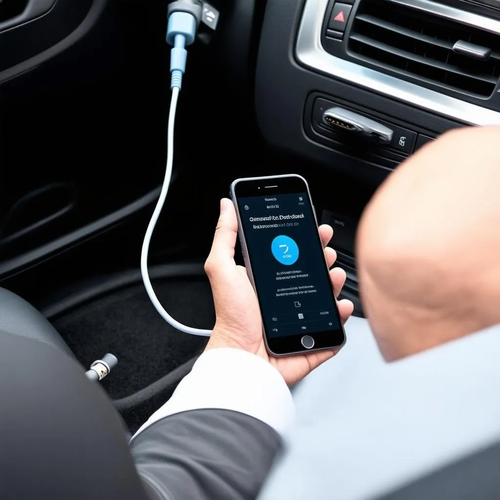 a person is using a phone to run diagnostics on a car