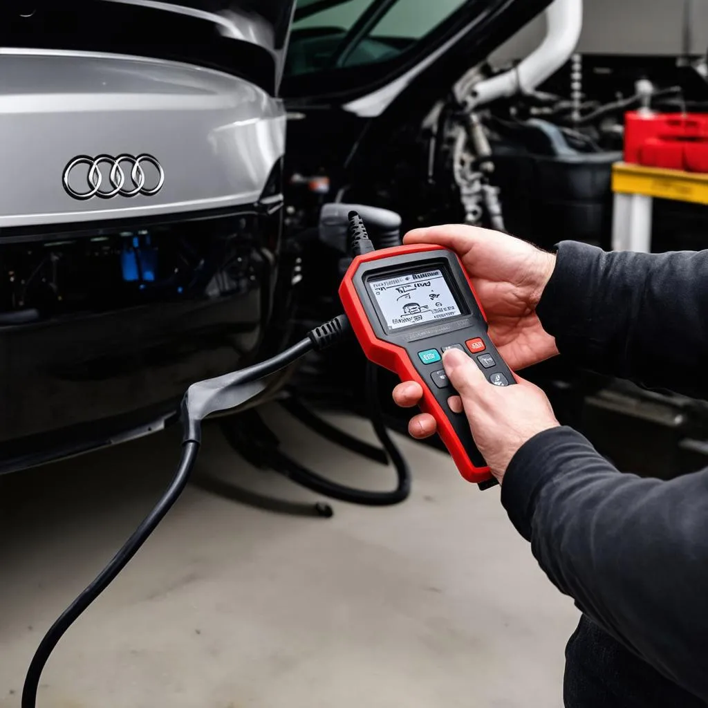 Mechanic using a diagnostic tool on an Audi