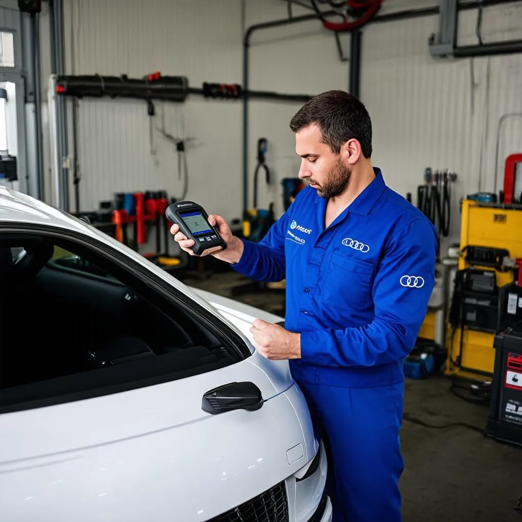 Audi Mechanic Using Scanner