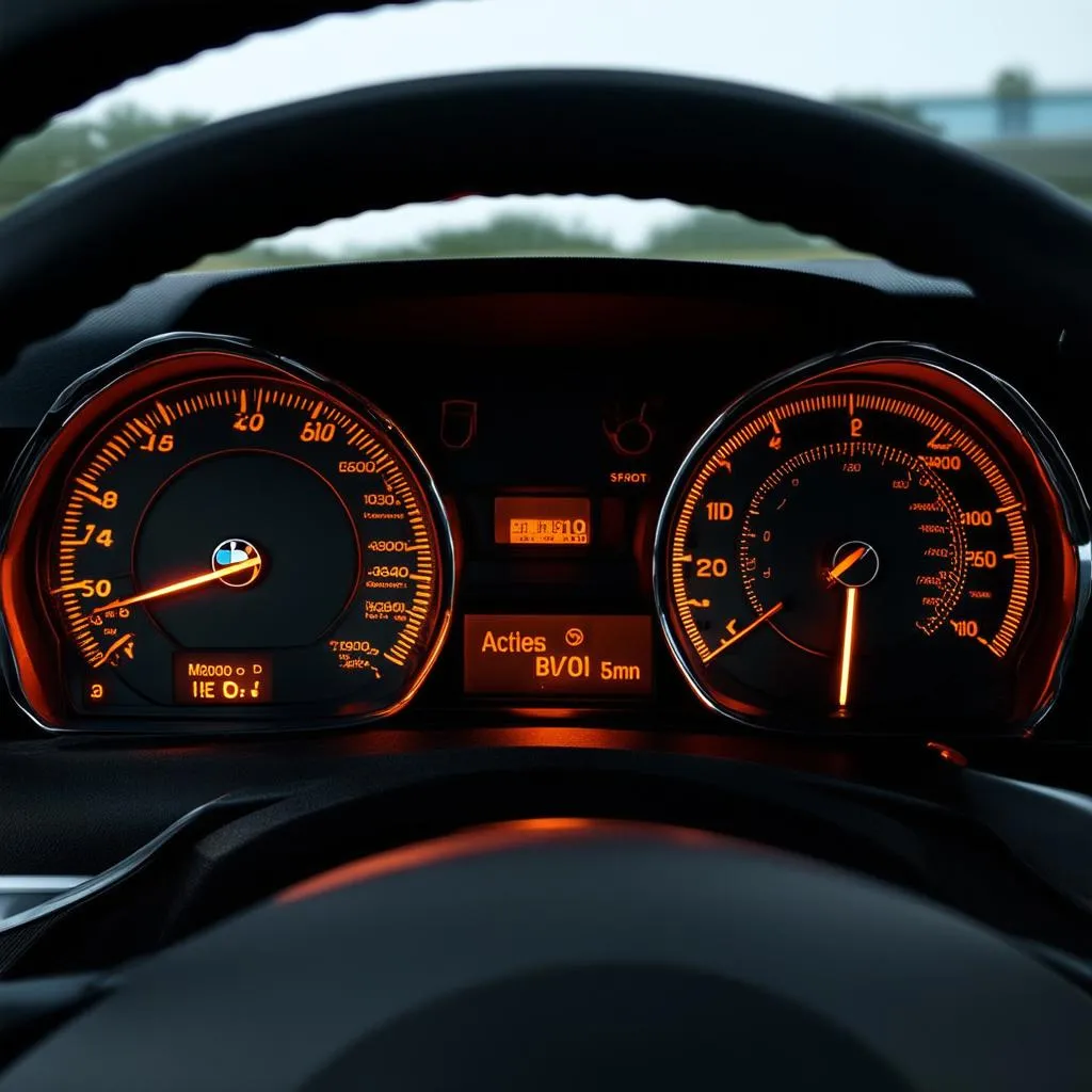 Dashboard of a BMW E90 with a check engine light illuminated