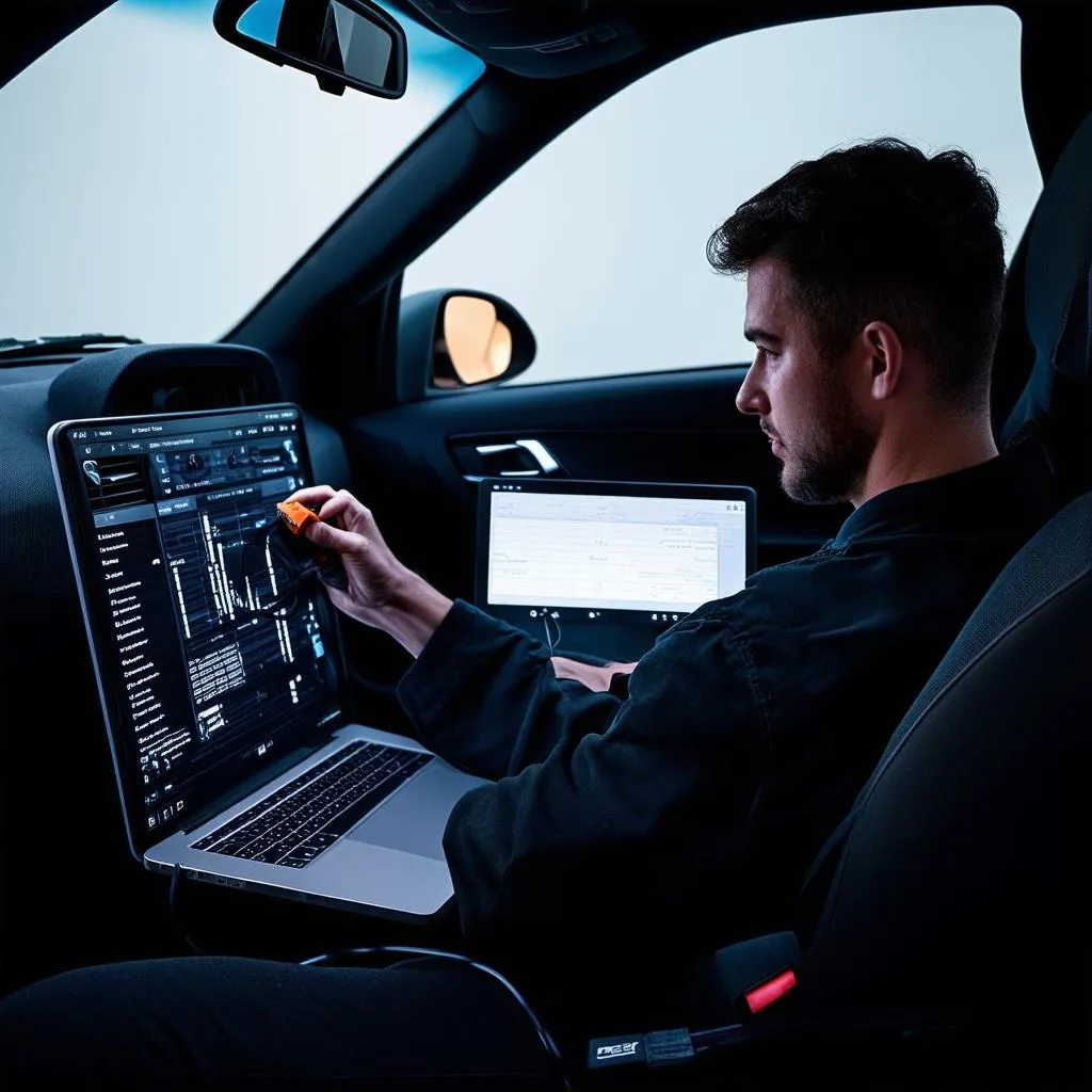 Mechanic using a laptop to diagnose a BMW G22