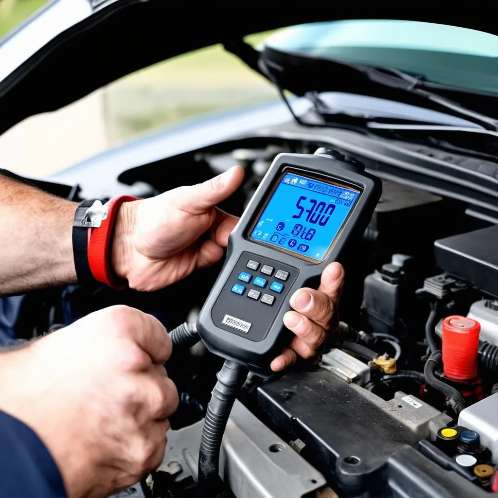 Car mechanic using a digital diagnostic tool