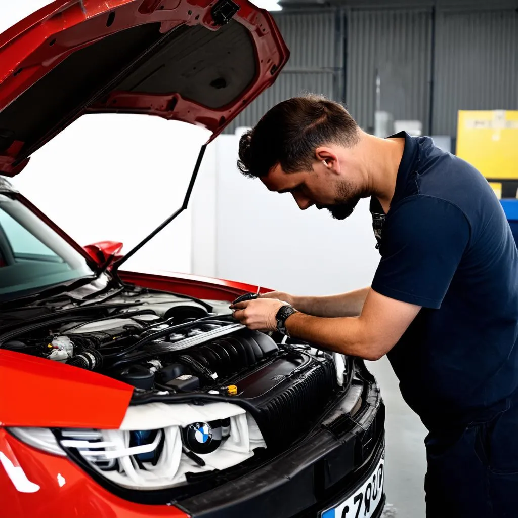 BMW Mechanic Working on Engine