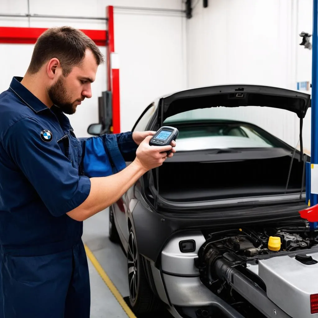 A mechanic using an OBD scanner on a BMW car