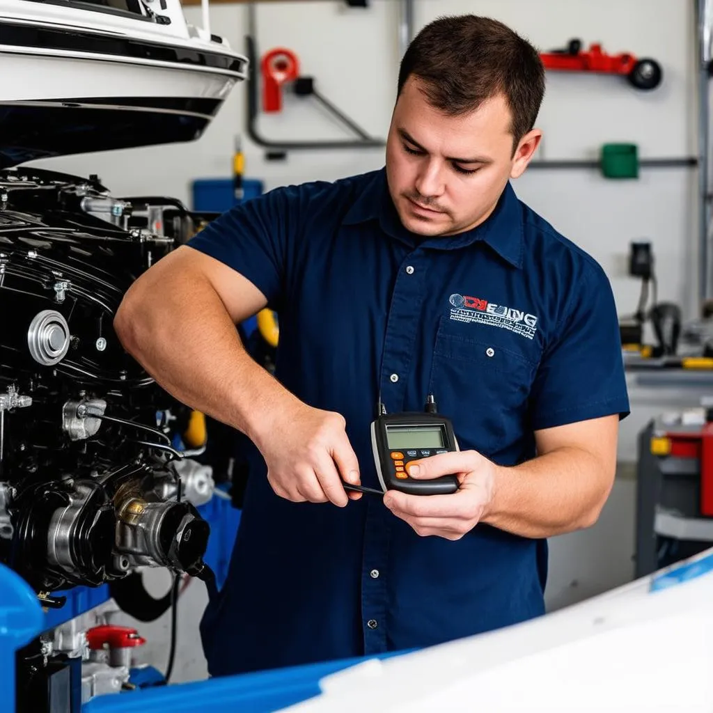 Boat Mechanic Diagnosing Engine