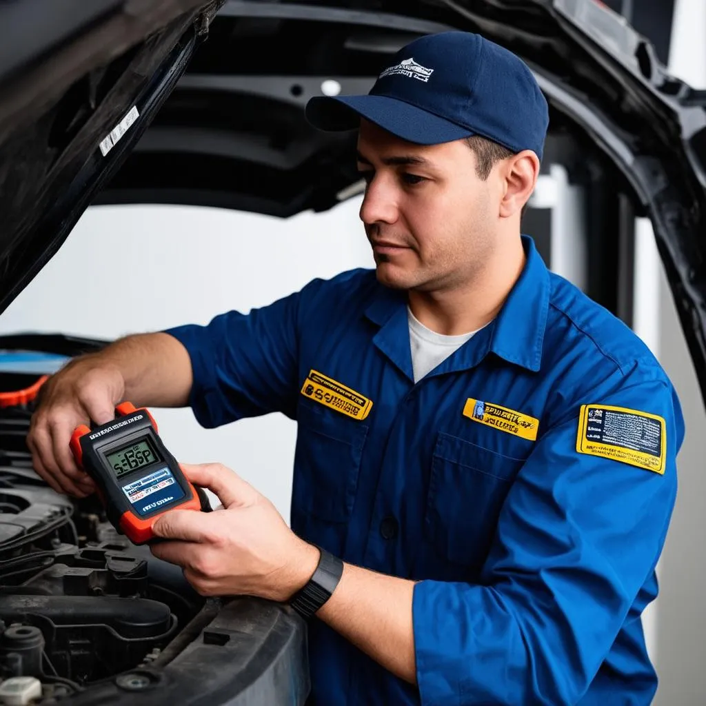 car mechanic using a diagnostic tool