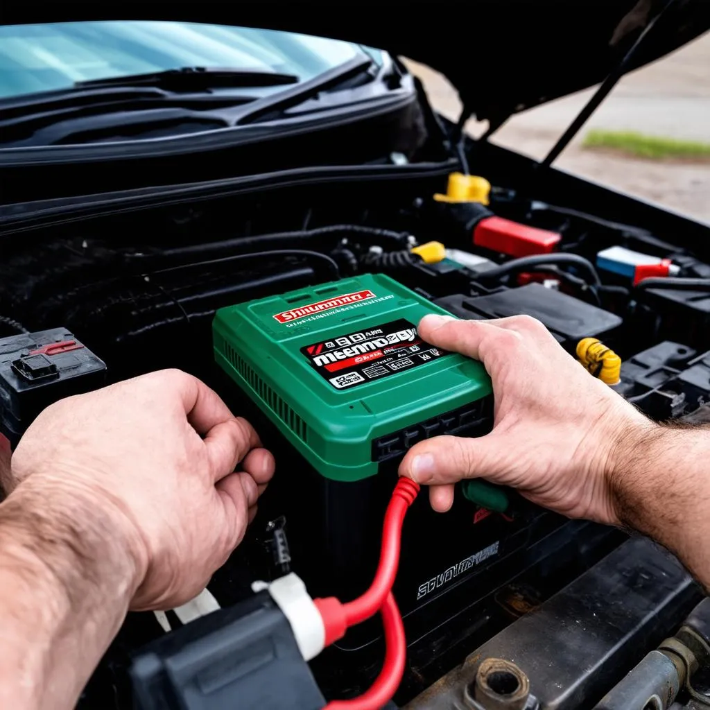 Car battery replacement with a Schumacher OBD-L Memory Saver connected