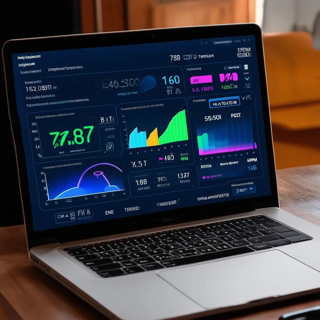 Laptop displaying car diagnostic software with graphs and data