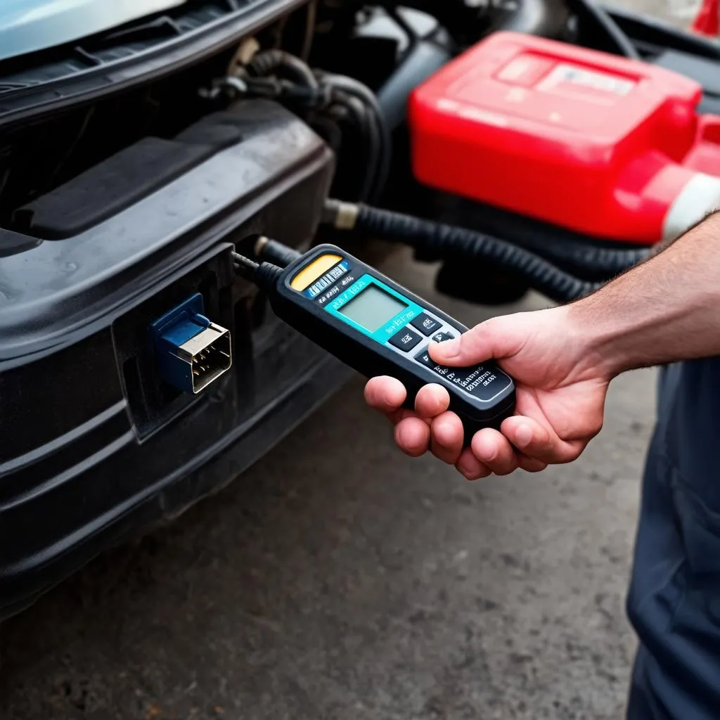 Mechanic using a car diagnostic tool