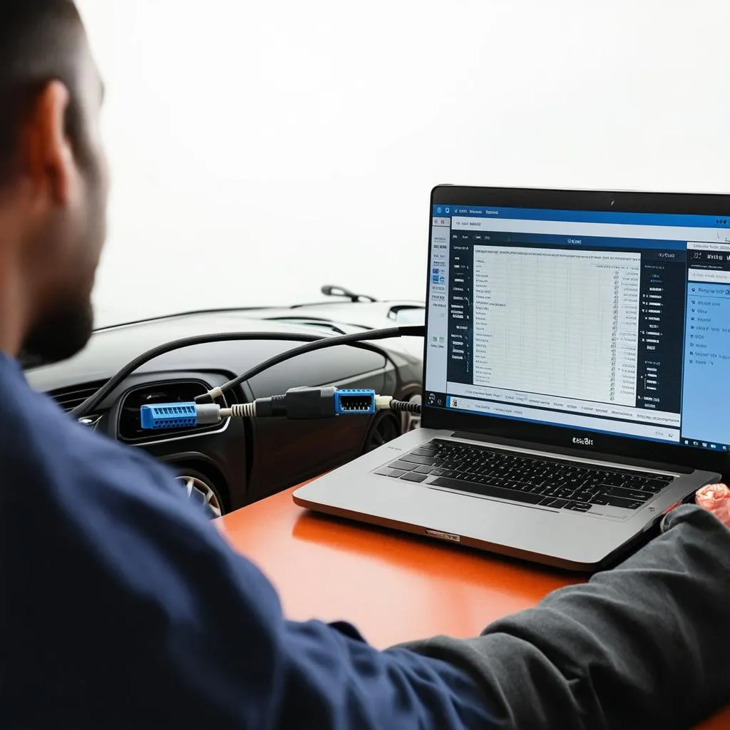 A person using a laptop to access vehicle diagnostics data through an Ethernet to OBD cable