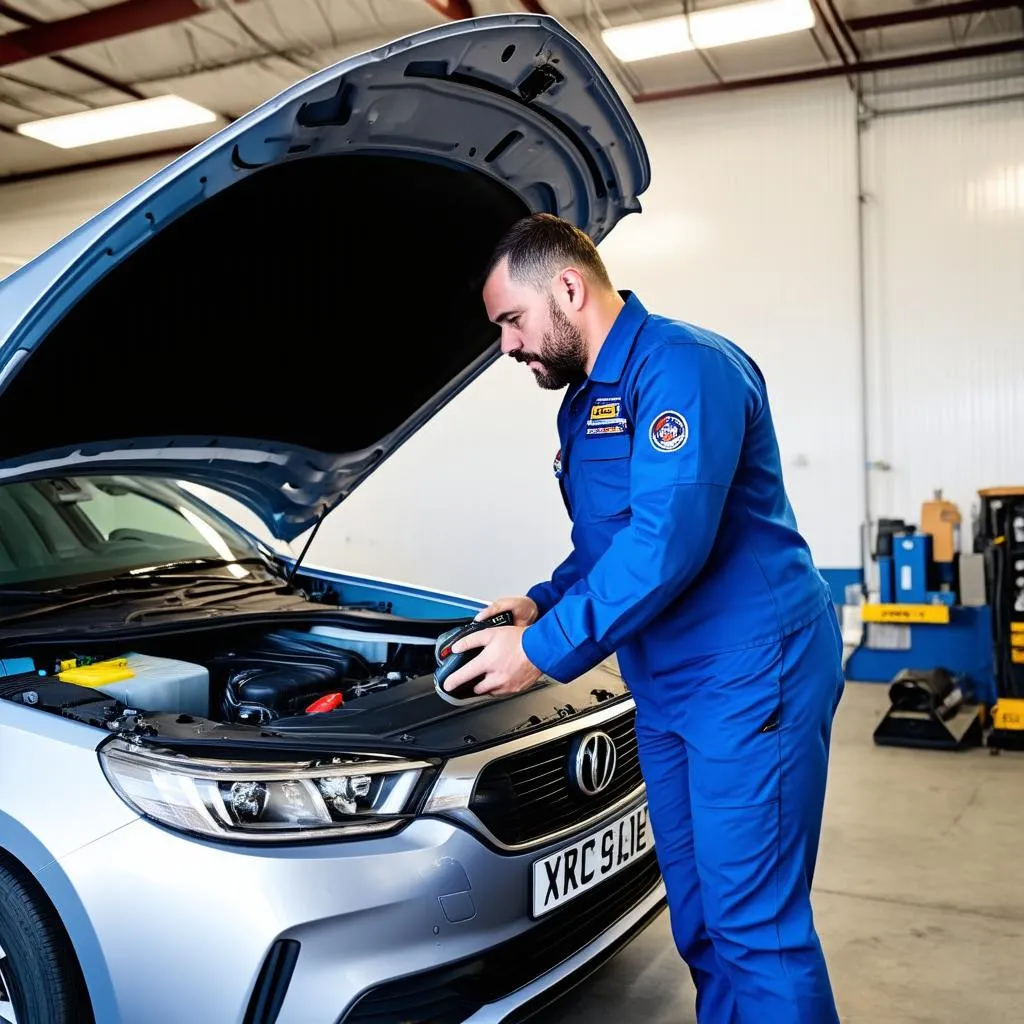 Mechanic inspecting a car engine with a diagnostic tool