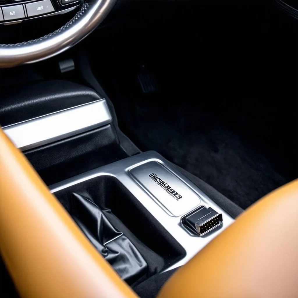 A car's interior with a billet OBD2 port cover installed