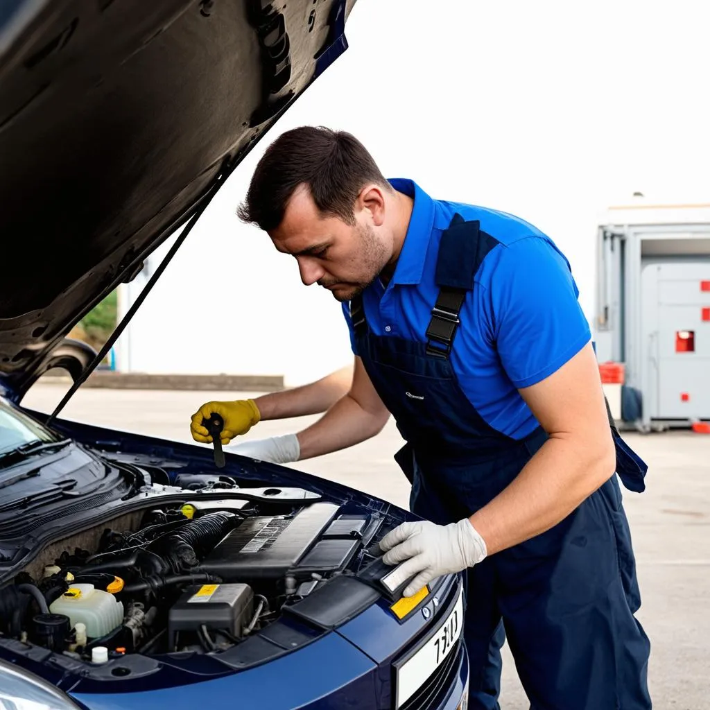 Car mechanic checking under the hood