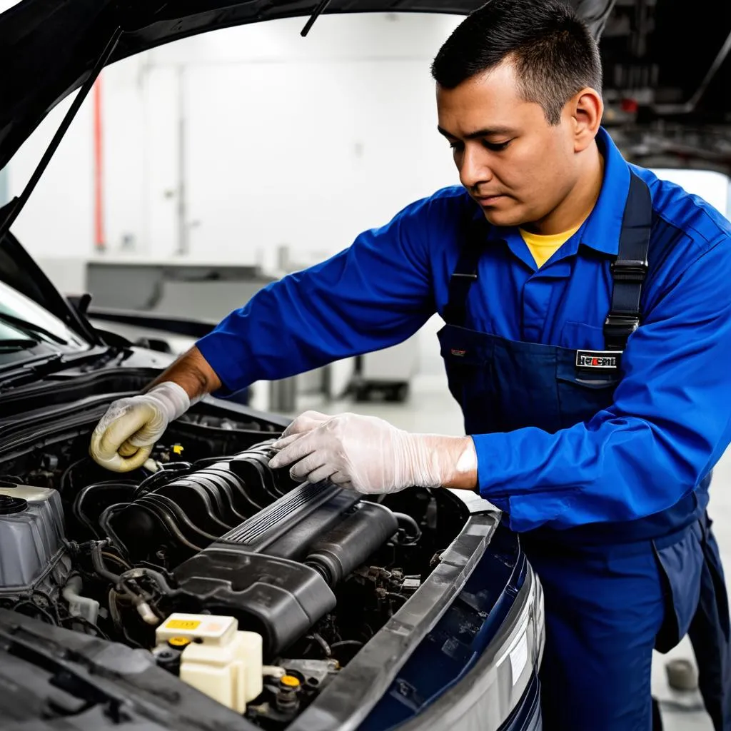 Car Mechanic Inspecting Car Engine