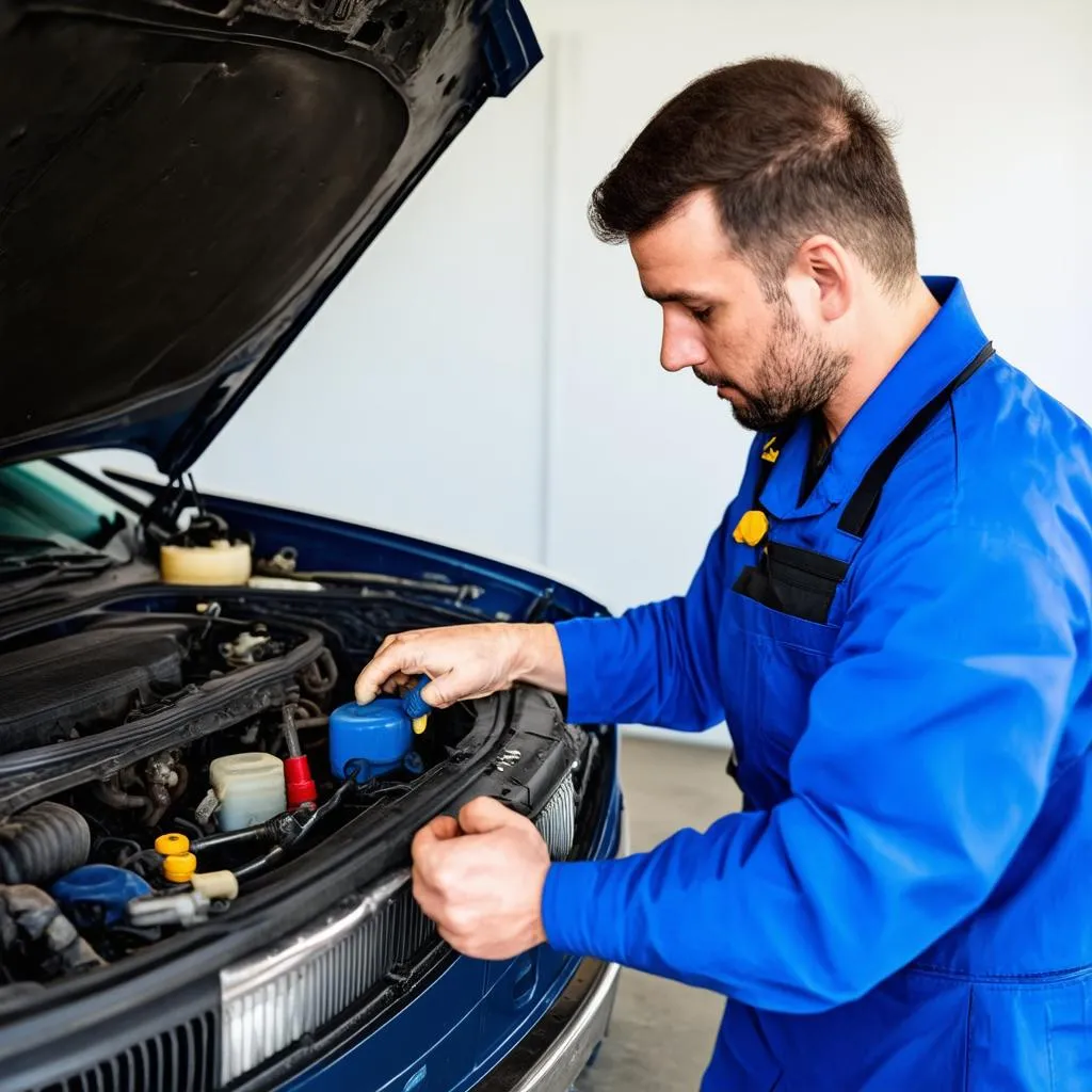 Car mechanic repairing engine