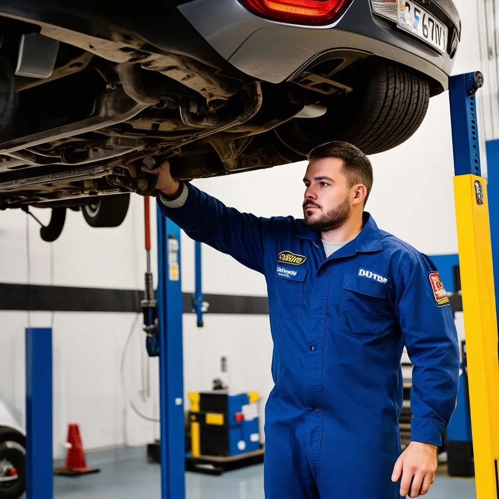 Car mechanic repairing vehicle in garage