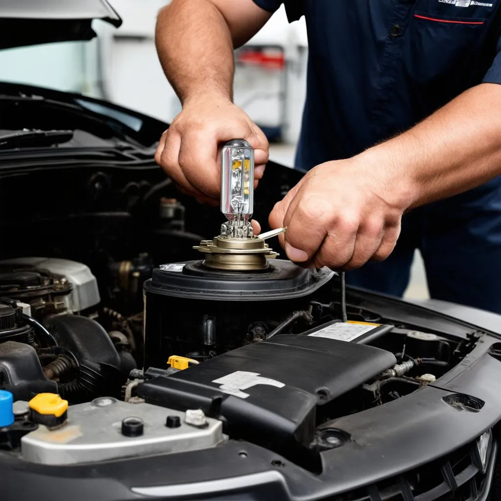 Car Mechanic Replacing Headlight