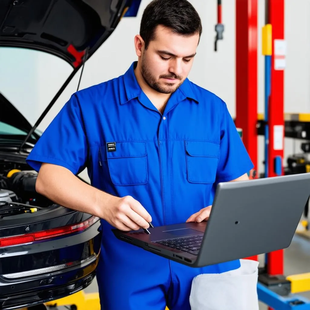 Car Mechanic Working on Laptop