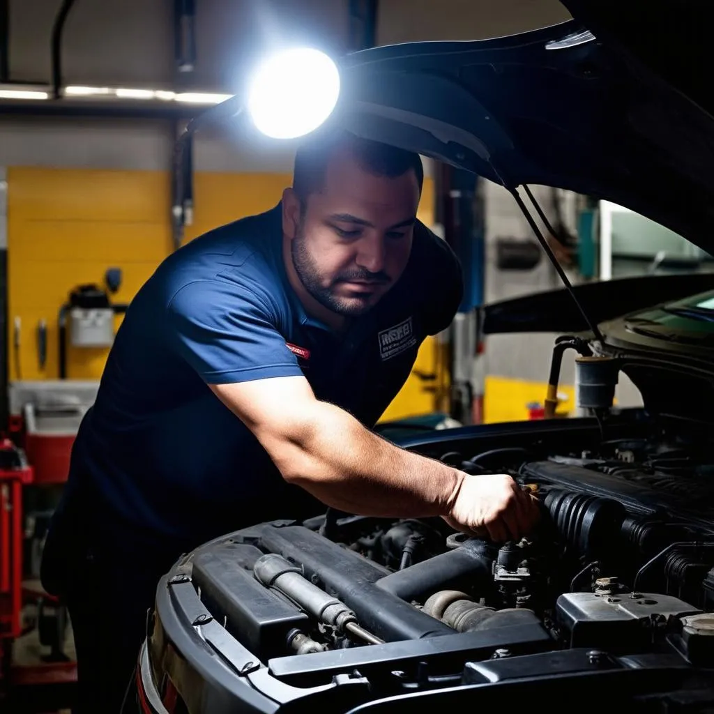 Car Mechanic Working on Engine