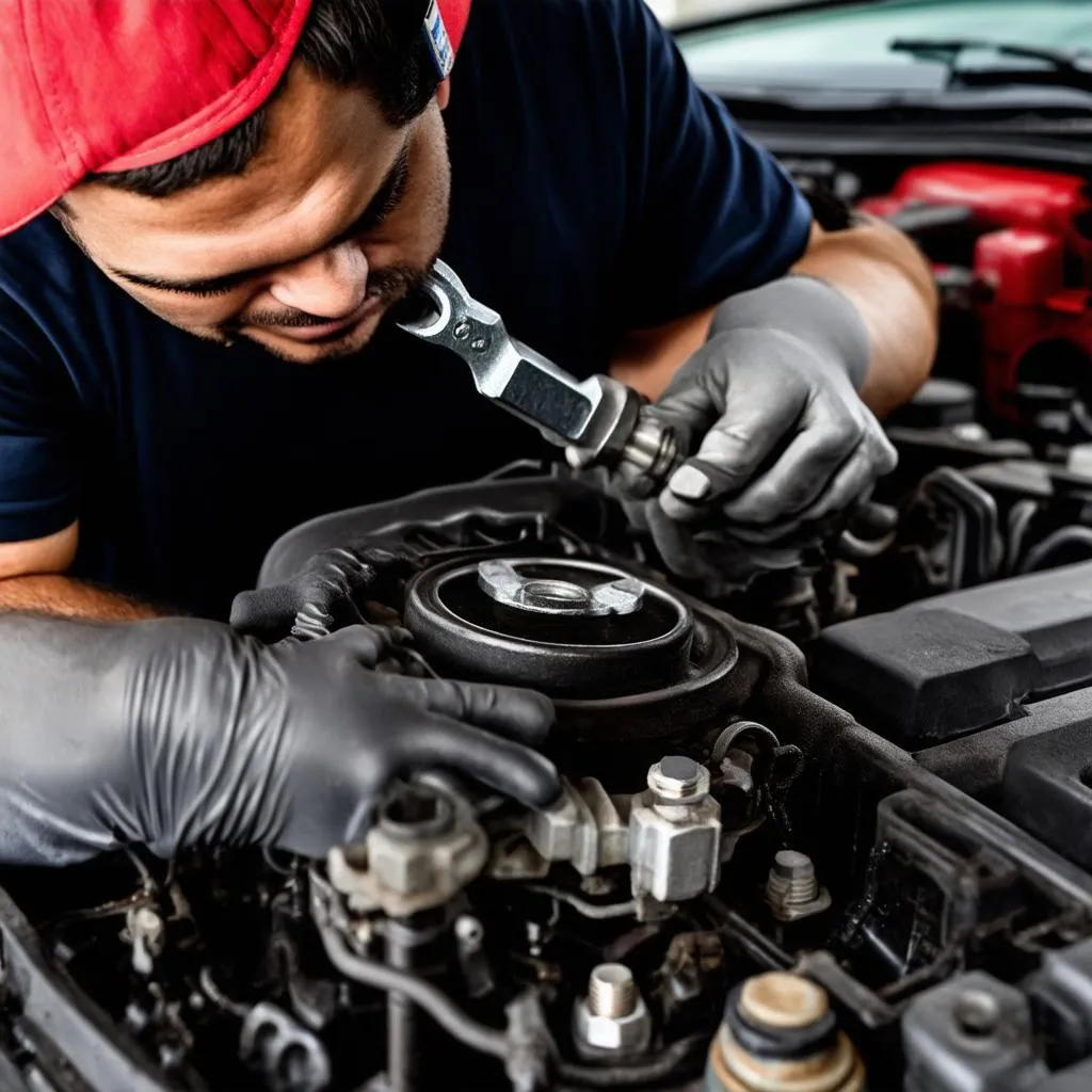 Mechanic working on a car engine