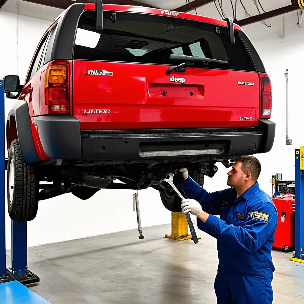 car mechanic working under Jeep Liberty on lift