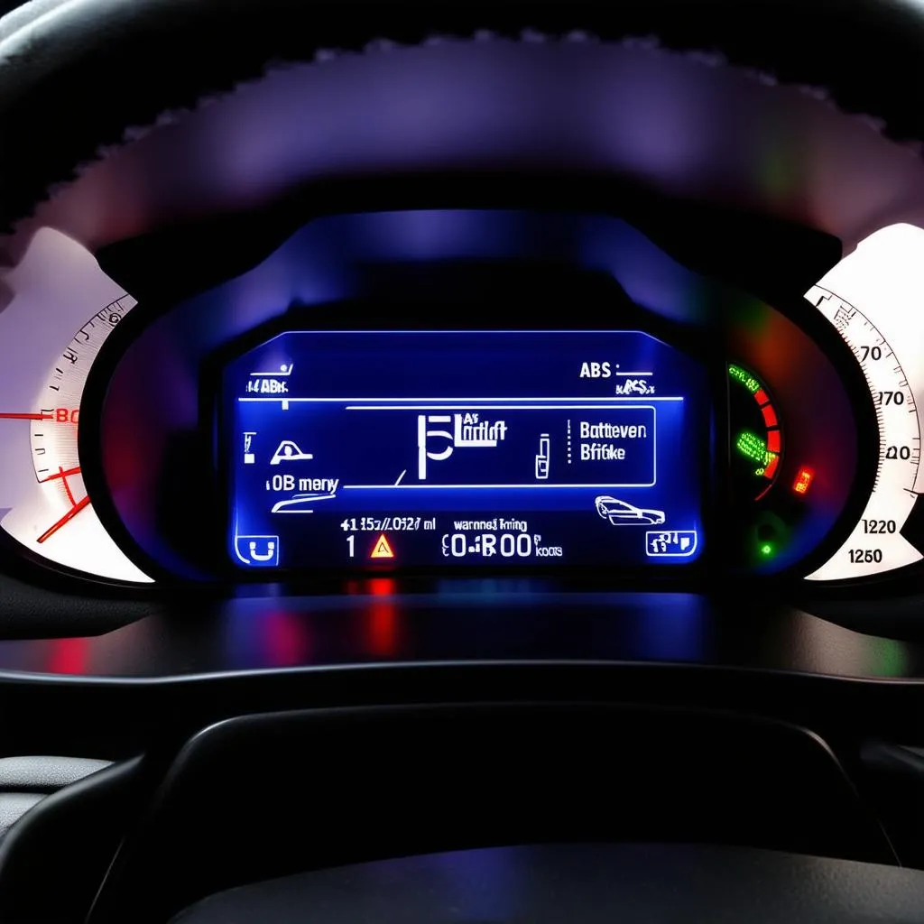 Car dashboard with warning lights on