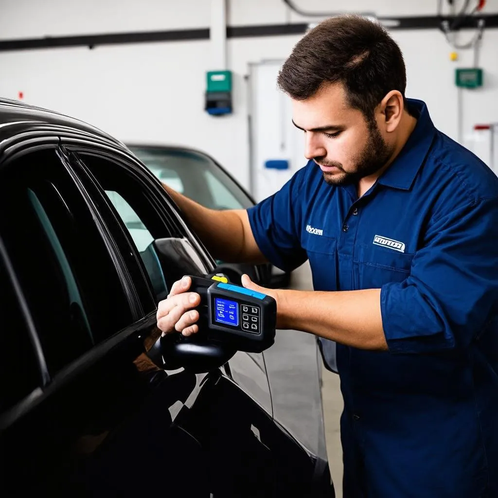 Mechanic inspecting car