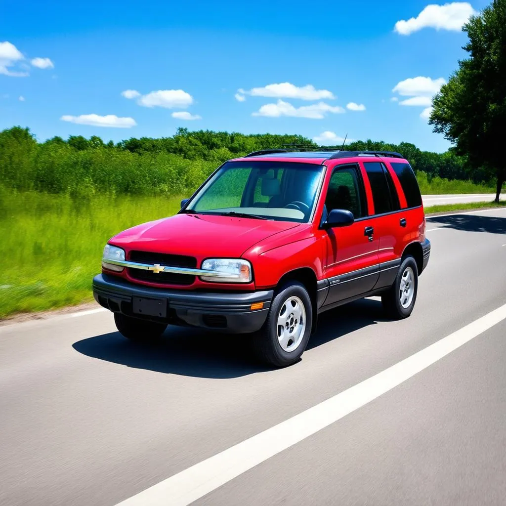 2001 Chevy Tracker driving on a scenic road