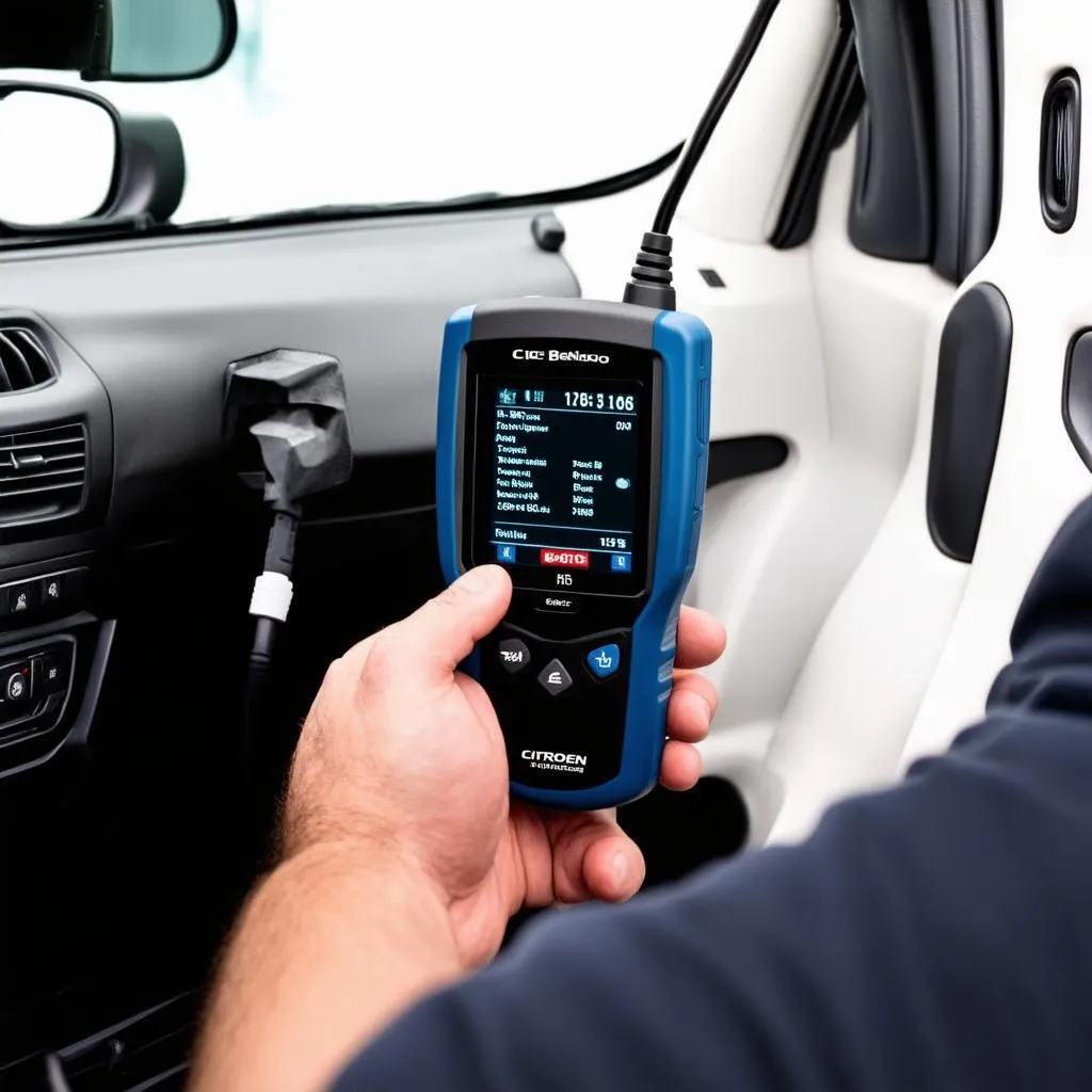 Mechanic using OBD Scanner on Citroen Berlingo