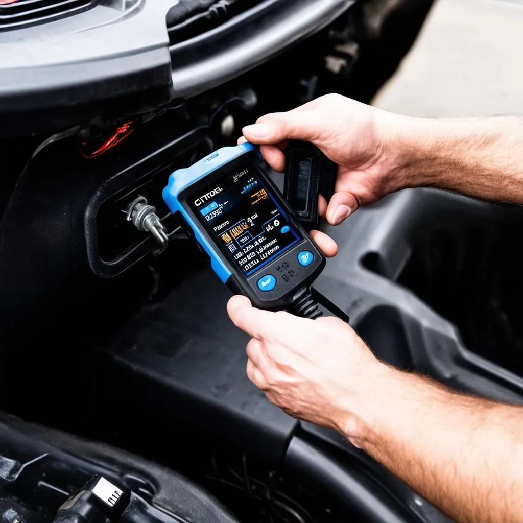 Mechanic Using Diagnostic Tool on Citroen C4