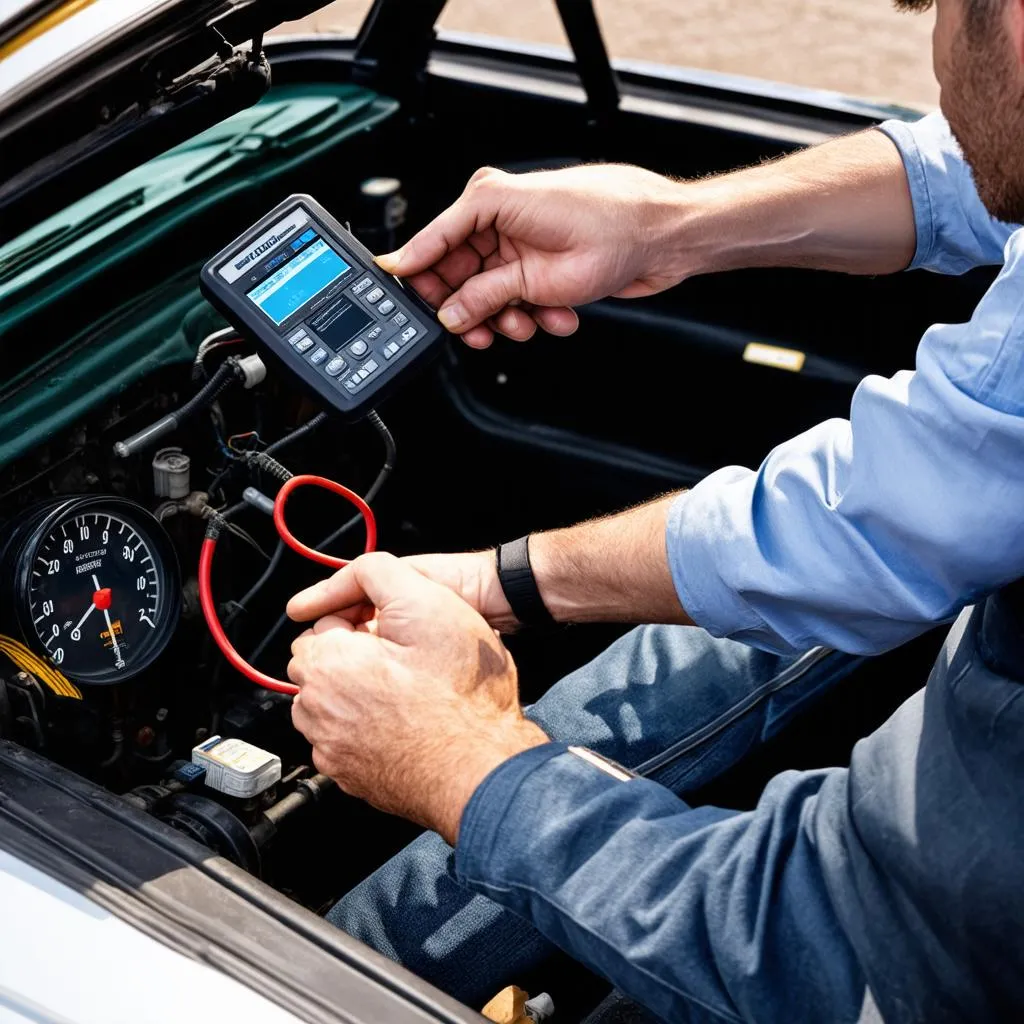 Classic car enthusiast using a diagnostic tool