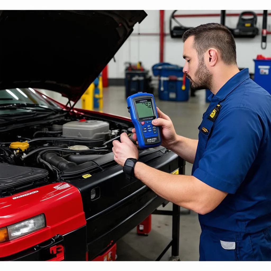 Professional Mechanic Using OBD Scanner on a Car